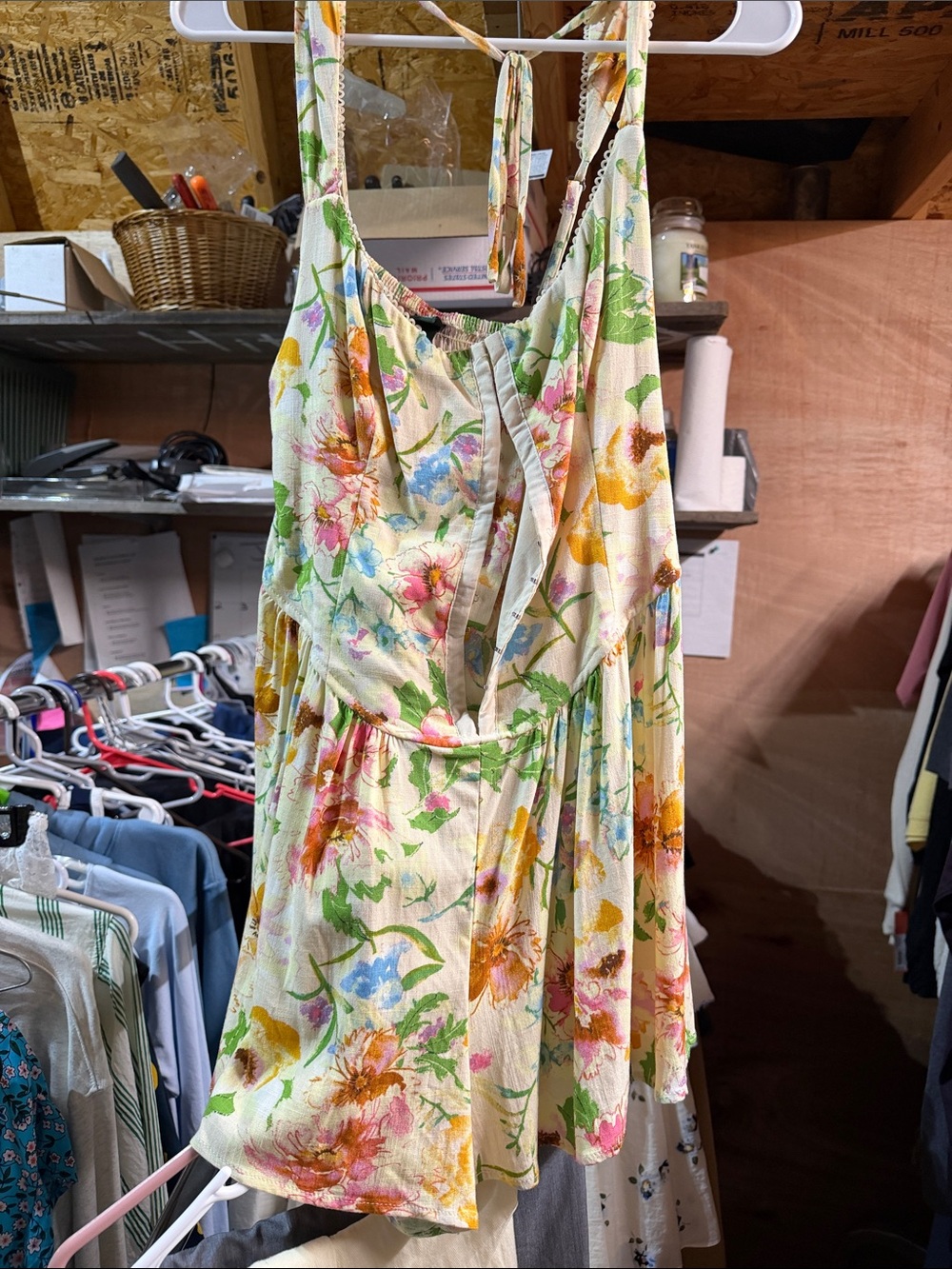 wild fable Cream Floral Tie-Back Mini Dress with Pink, Yellow & Green